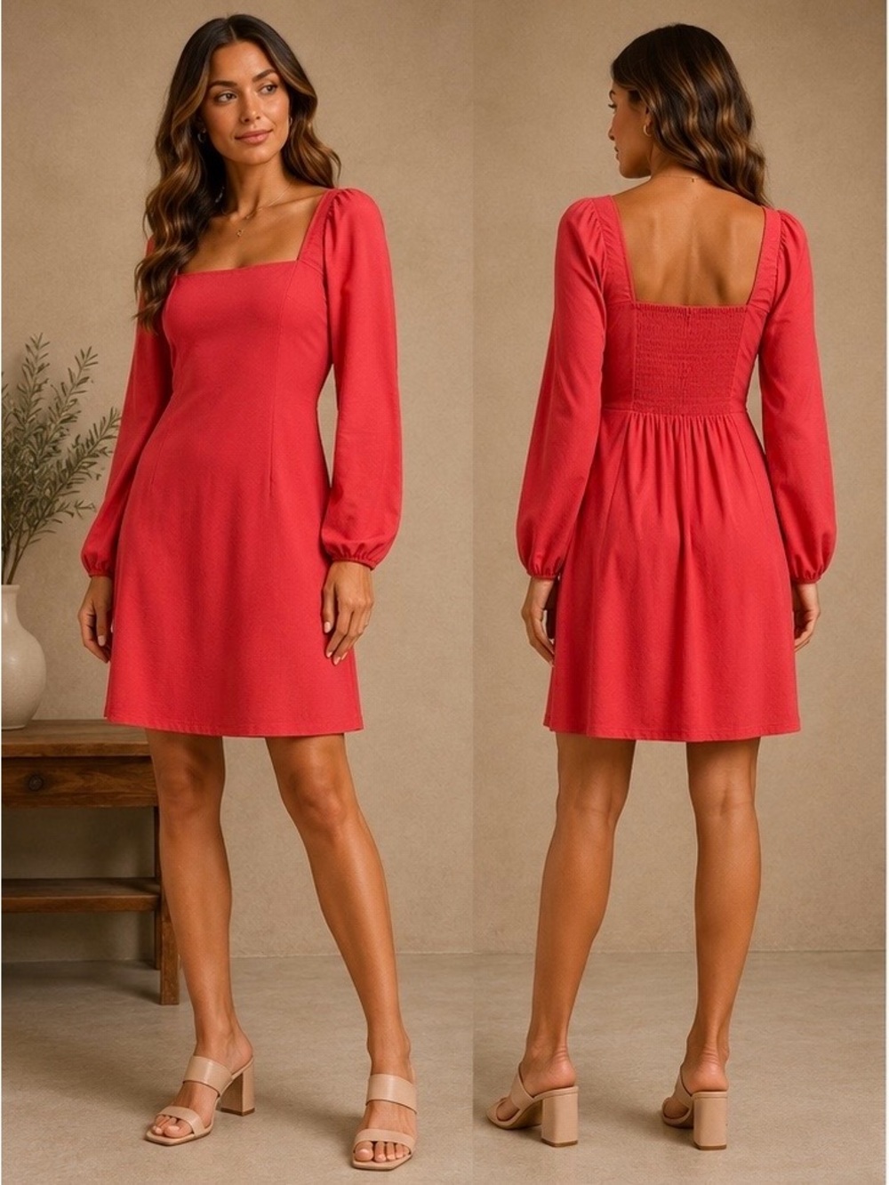 Free People Square Neck Long Sleeve Mini Dress in Coral
